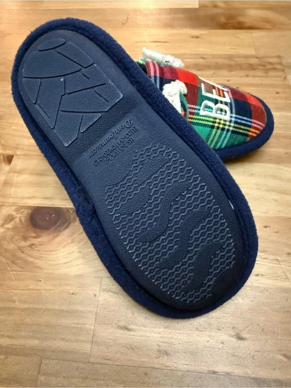dearfoams Kids Plaid 'Lil Bear' Slip-On Slippers in Red and Green size 2/3~ NWOT